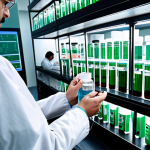 **Biosimilar Medicine:** A close-up shot of a modern pharmaceutical lab showcasing scientists working on the development of a biosimilar drug. Emphasize the advanced technology and sterile environment. Include Urdu text subtly in the background like labels or documents to connect with the audience.