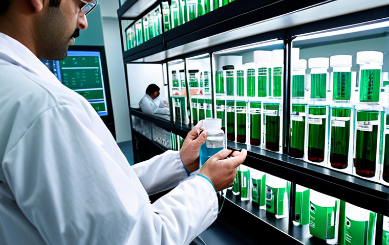 **Biosimilar Medicine:** A close-up shot of a modern pharmaceutical lab showcasing scientists working on the development of a biosimilar drug. Emphasize the advanced technology and sterile environment. Include Urdu text subtly in the background like labels or documents to connect with the audience.