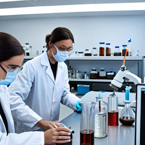 Home 6 **A laboratory setting with researchers experimenting with different materials, showcasing the importance of research and experimentation in biomaterial production.** (Focus on innovation, new technologies, and continuous improvement)