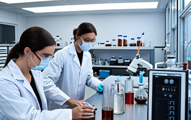 **A laboratory setting with researchers experimenting with different materials, showcasing the importance of research and experimentation in biomaterial production.** (Focus on innovation, new technologies, and continuous improvement)