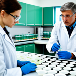 **Prompt:** A modern laboratory setting with scientists in lab coats examining bioplastic samples, petri dishes and advanced equipment visible. Focus on sustainability, scientific discovery, and innovative solutions for a greener future. Fully clothed, appropriate attire, safe for work, perfect anatomy, natural proportions, professional photograph, high quality.