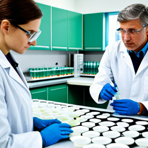 Home 24 **Prompt:** A modern laboratory setting with scientists in lab coats examining bioplastic samples, petri dishes and advanced equipment visible. Focus on sustainability, scientific discovery, and innovative solutions for a greener future. Fully clothed, appropriate attire, safe for work, perfect anatomy, natural proportions, professional photograph, high quality.