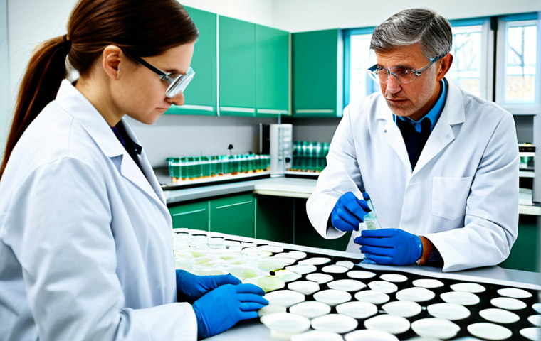 **Prompt:** A modern laboratory setting with scientists in lab coats examining bioplastic samples, petri dishes and advanced equipment visible. Focus on sustainability, scientific discovery, and innovative solutions for a greener future. Fully clothed, appropriate attire, safe for work, perfect anatomy, natural proportions, professional photograph, high quality.