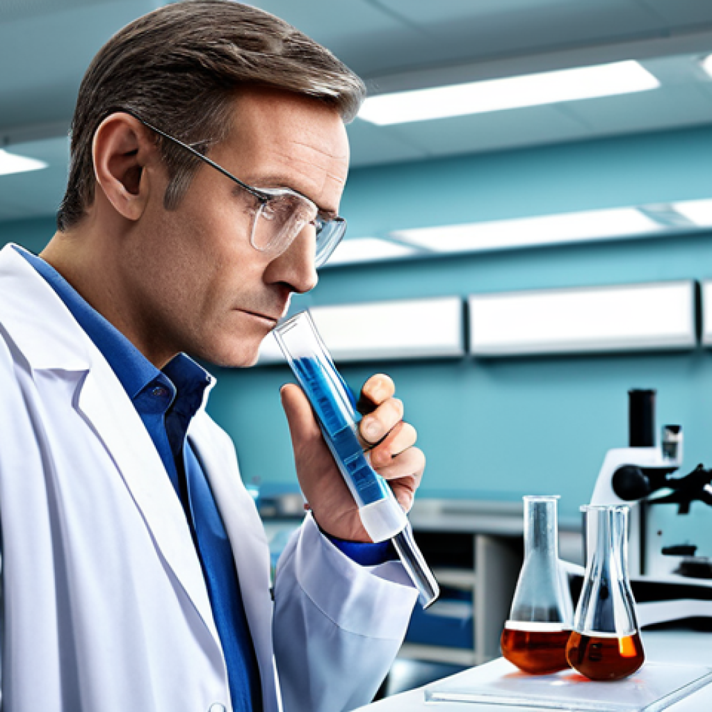 RNA Seq - ** A scientist in a laboratory, fully clothed in a lab coat, examining a test tube. Modern lab equip...