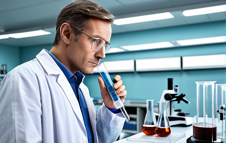RNA Seq - ** A scientist in a laboratory, fully clothed in a lab coat, examining a test tube. Modern lab equip...
