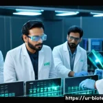 유전자 교정 기술 - A futuristic laboratory scene in Pakistan showing a diverse group of scientists of South Asian desce...