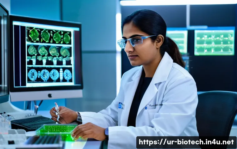 유전자 교정 사례 - A detailed laboratory scene featuring a South Asian female scientist in her 30s wearing a white lab ...