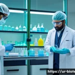 생물학적 제제의 규제 - A detailed laboratory scene showing scientists in a modern bio-pharmaceutical research facility in P...