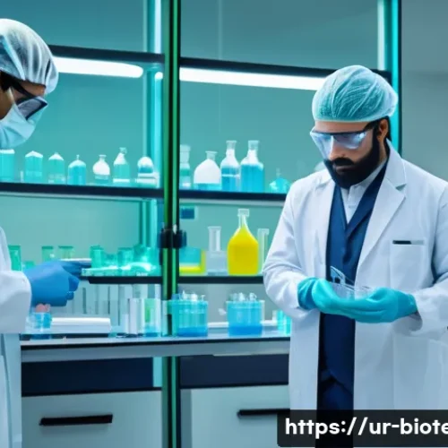 생물학적 제제의 규제 - A detailed laboratory scene showing scientists in a modern bio-pharmaceutical research facility in P...