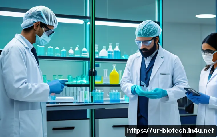 생물학적 제제의 규제 - A detailed laboratory scene showing scientists in a modern bio-pharmaceutical research facility in P...