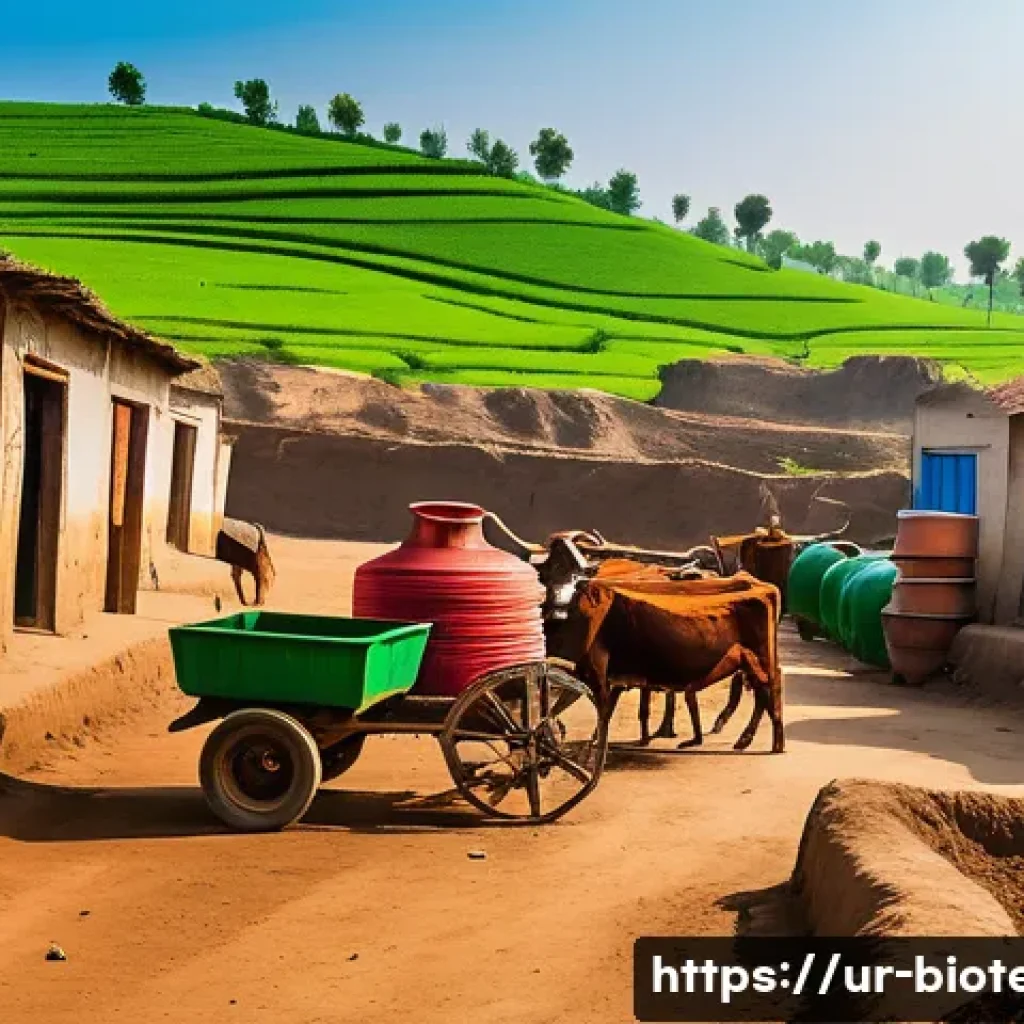 바이오 에너지 - A vibrant rural village scene in Pakistan featuring a traditional biogas plant made from organic agr...