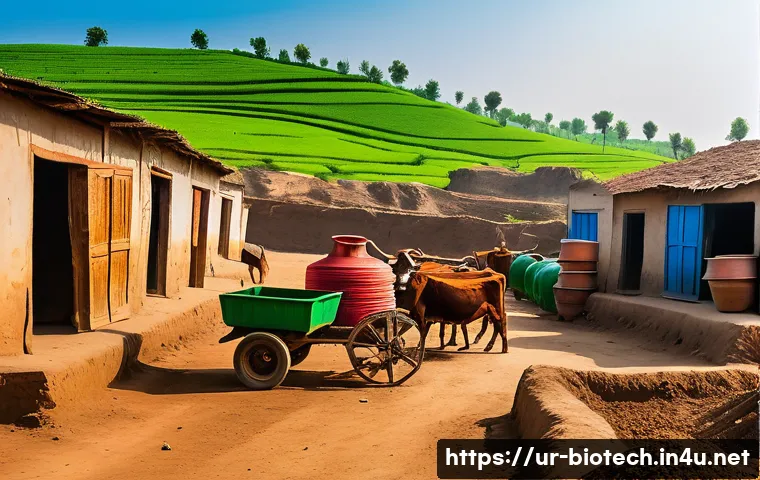 바이오 에너지 - A vibrant rural village scene in Pakistan featuring a traditional biogas plant made from organic agr...