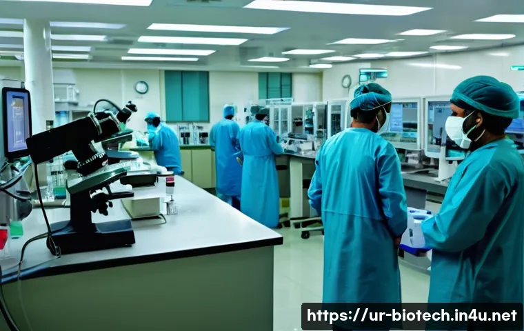 바이오해저드 - A detailed laboratory scene in a modern hospital in Karachi, Pakistan, showing scientists wearing fu...