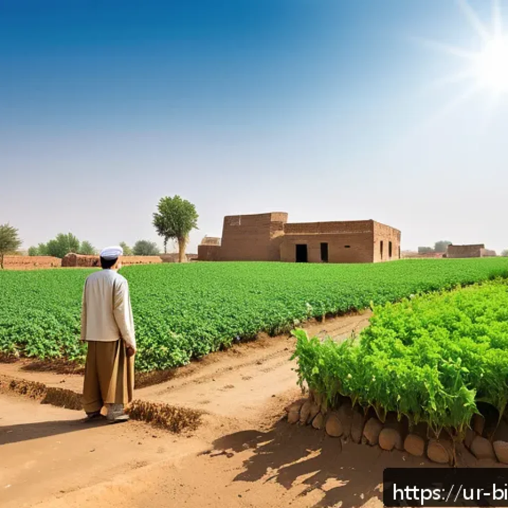 핵산 기반 기술 - A rural Pakistani village scene showcasing genetically engineered crops thriving under bright sunlig...