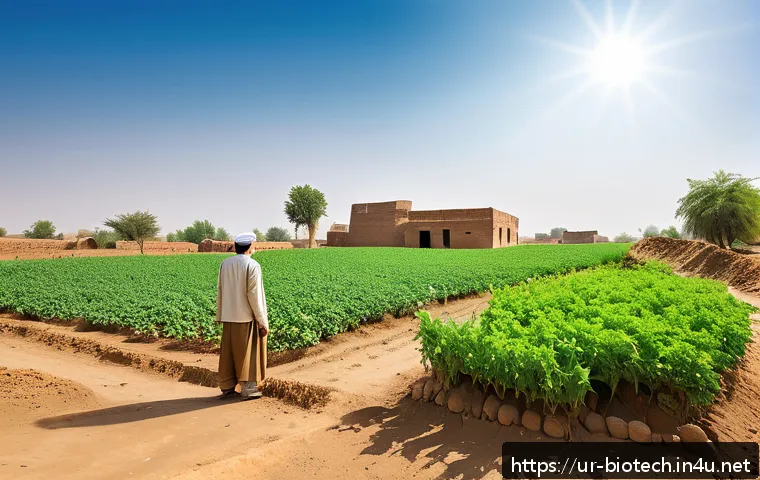 핵산 기반 기술 - A rural Pakistani village scene showcasing genetically engineered crops thriving under bright sunlig...