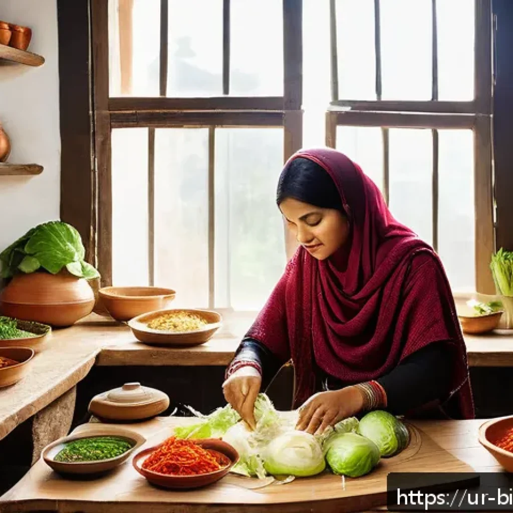 발효 공정 - A vibrant, detailed kitchen scene showcasing a traditional South Asian woman in modest clothing prep...