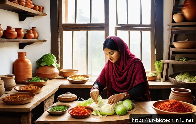 발효 공정 - A vibrant, detailed kitchen scene showcasing a traditional South Asian woman in modest clothing prep...