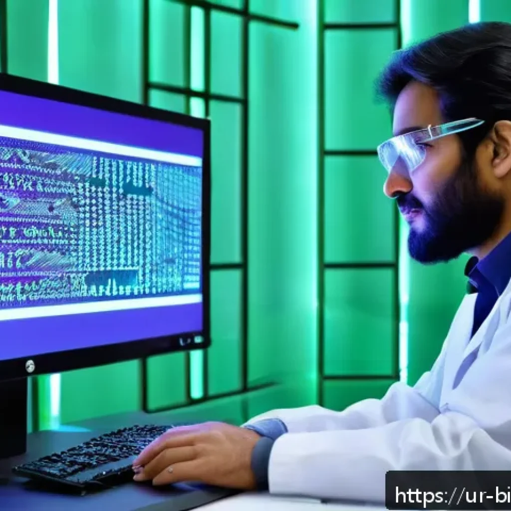 생명 공학 연구 동향 - A detailed futuristic laboratory scene in Pakistan, showcasing a scientist wearing a lab coat and sa...
