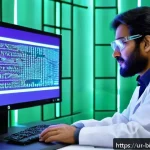 Home 18 생명 공학 연구 동향 - A detailed futuristic laboratory scene in Pakistan, showcasing a scientist wearing a lab coat and sa...
