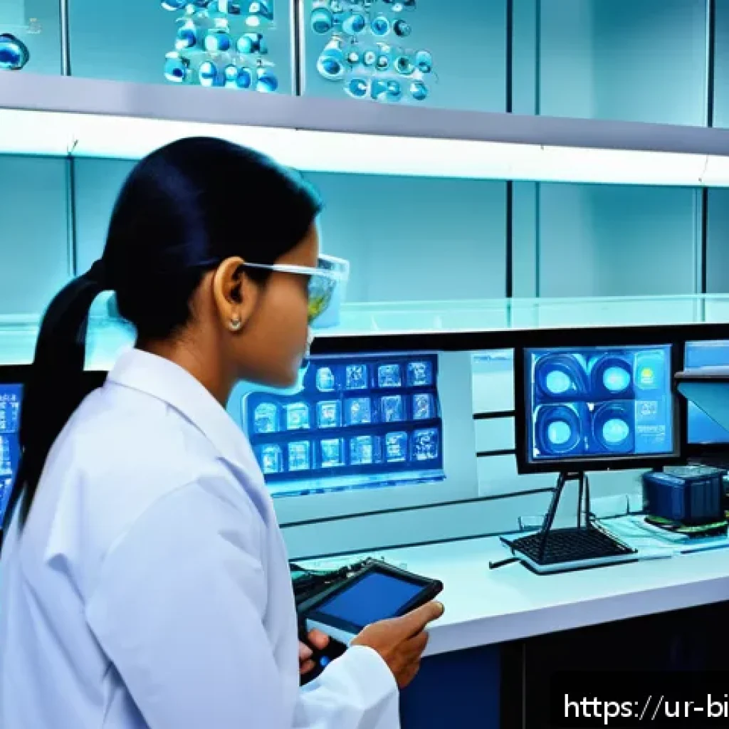 DNA 합성 기술 - A highly detailed modern laboratory scene focused on automated DNA synthesis machines producing long...