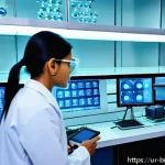 Home 23 DNA 합성 기술 - A highly detailed modern laboratory scene focused on automated DNA synthesis machines producing long...