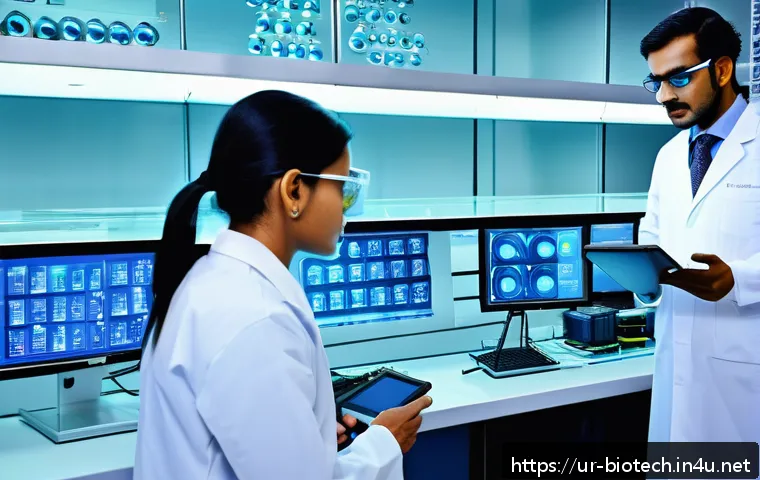 DNA 합성 기술 - A highly detailed modern laboratory scene focused on automated DNA synthesis machines producing long...