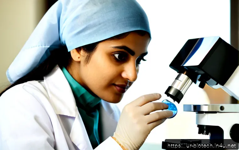 Home 17 오가노이드 의료 응용 - Photorealistic Pakistani female medical researcher in a modest lab coat and headscarf examining a tr...