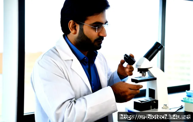 Home 17 단백질 치료제 - Photorealistic Pakistani biomedical researcher in a modest white lab coat examining a clear vial of ...